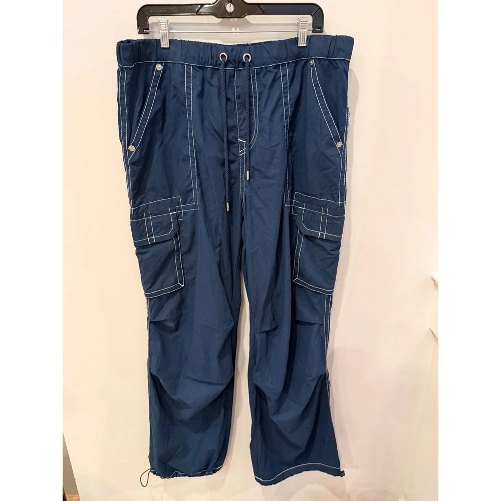 True Religion Bobbi Low Slung Baggy Cargo Pants Navy White Stitch Mens 34 NWOT